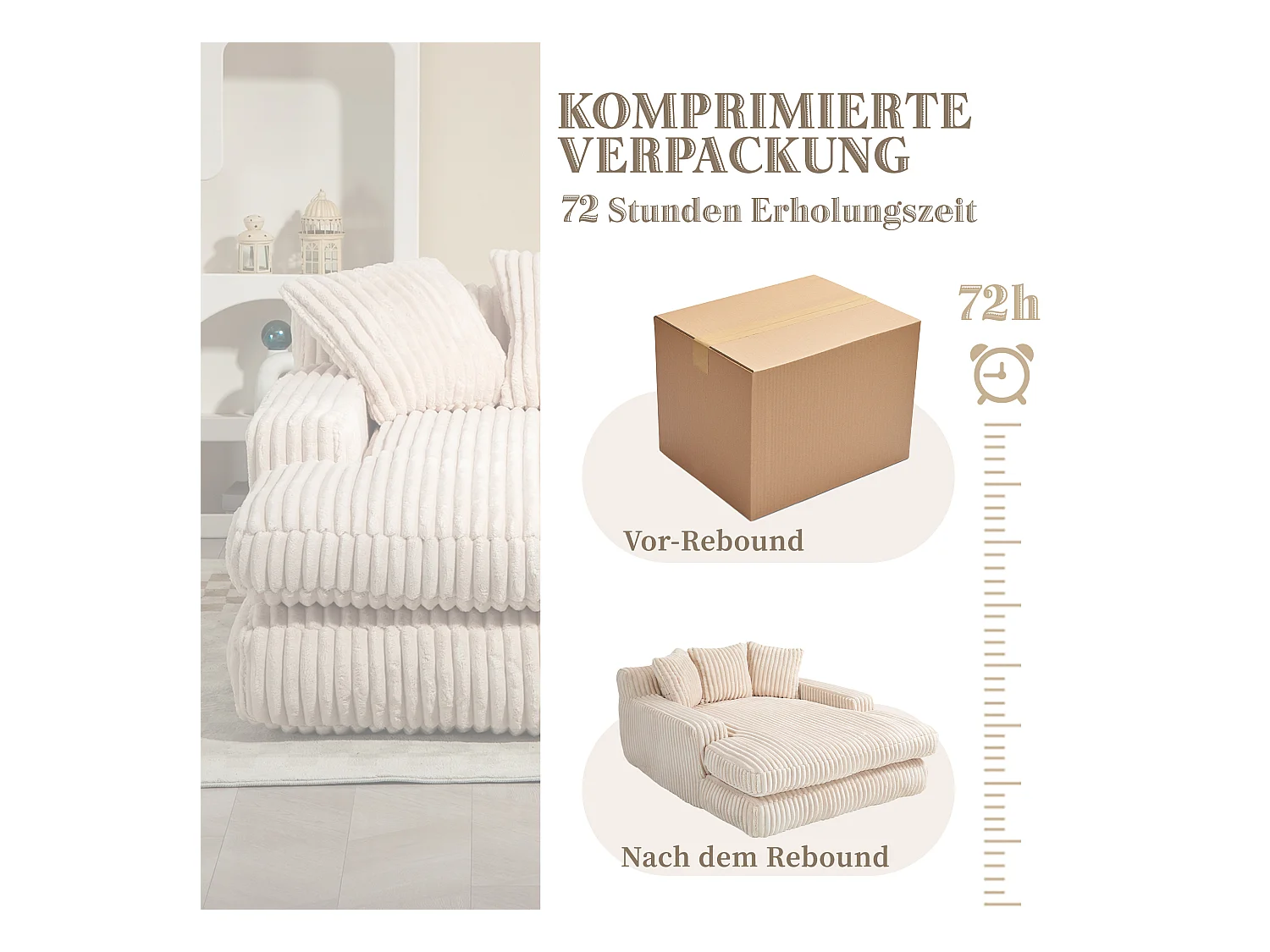 Canapé 2 places en velours côtelé beige – double couche & assise ultra basse – avec 3 coussins – idéal pour salon - 125x155x63cm