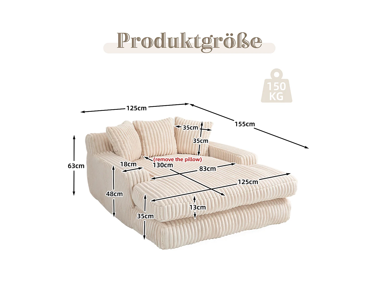 Canapé 2 places en velours côtelé beige – double couche & assise ultra basse – avec 3 coussins – idéal pour salon - 125x155x63cm