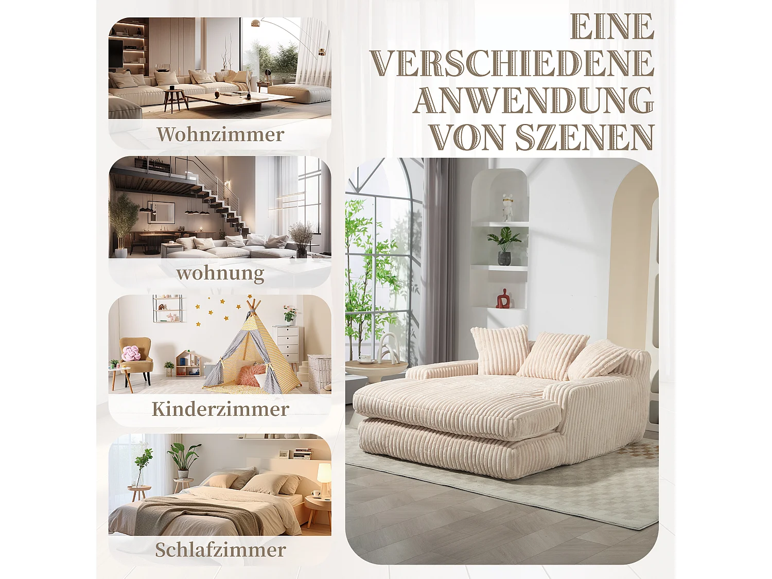 Canapé 2 places en velours côtelé beige – double couche & assise ultra basse – avec 3 coussins – idéal pour salon - 125x155x63cm