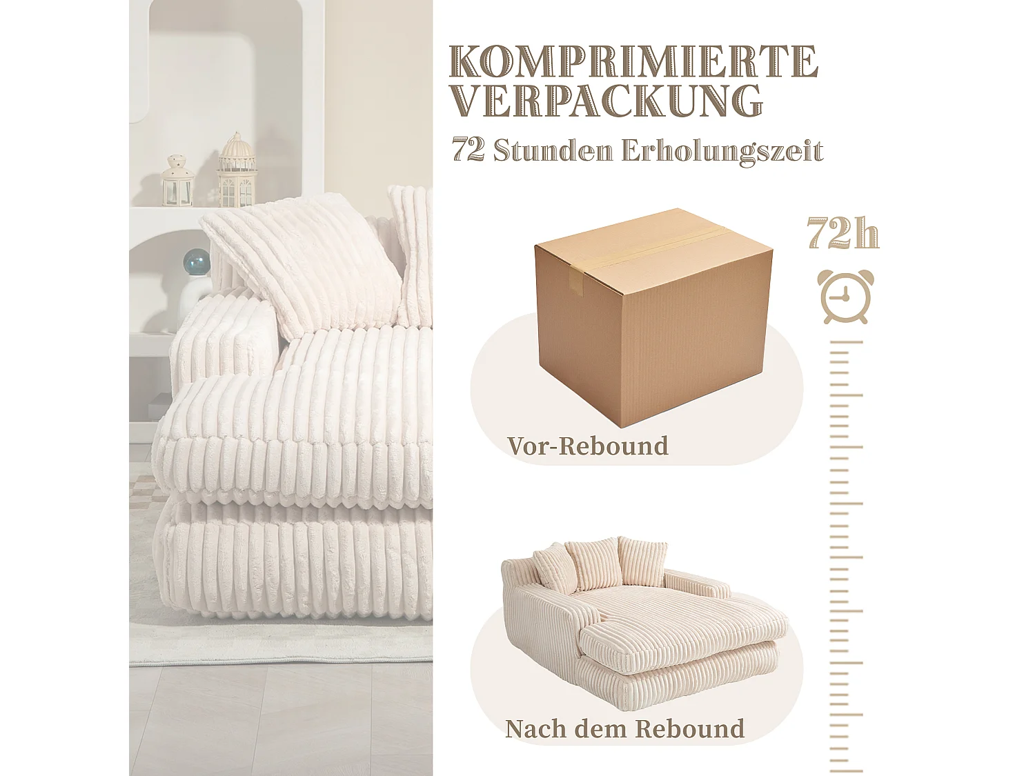 Canapé 2 places en velours côtelé beige – double couche & assise ultra basse – avec 3 coussins – idéal pour salon - 125x155x63cm