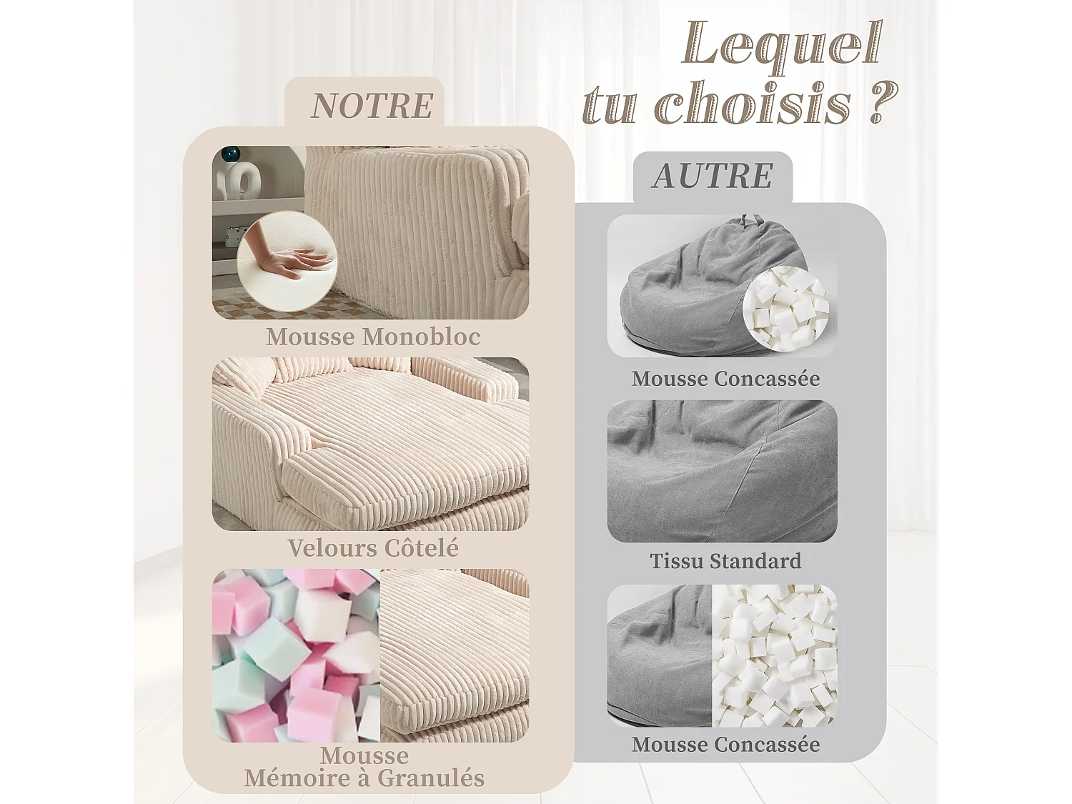 Canapé 2 places en velours côtelé beige – double couche & assise ultra basse – avec 3 coussins – idéal pour salon - 125x155x63cm