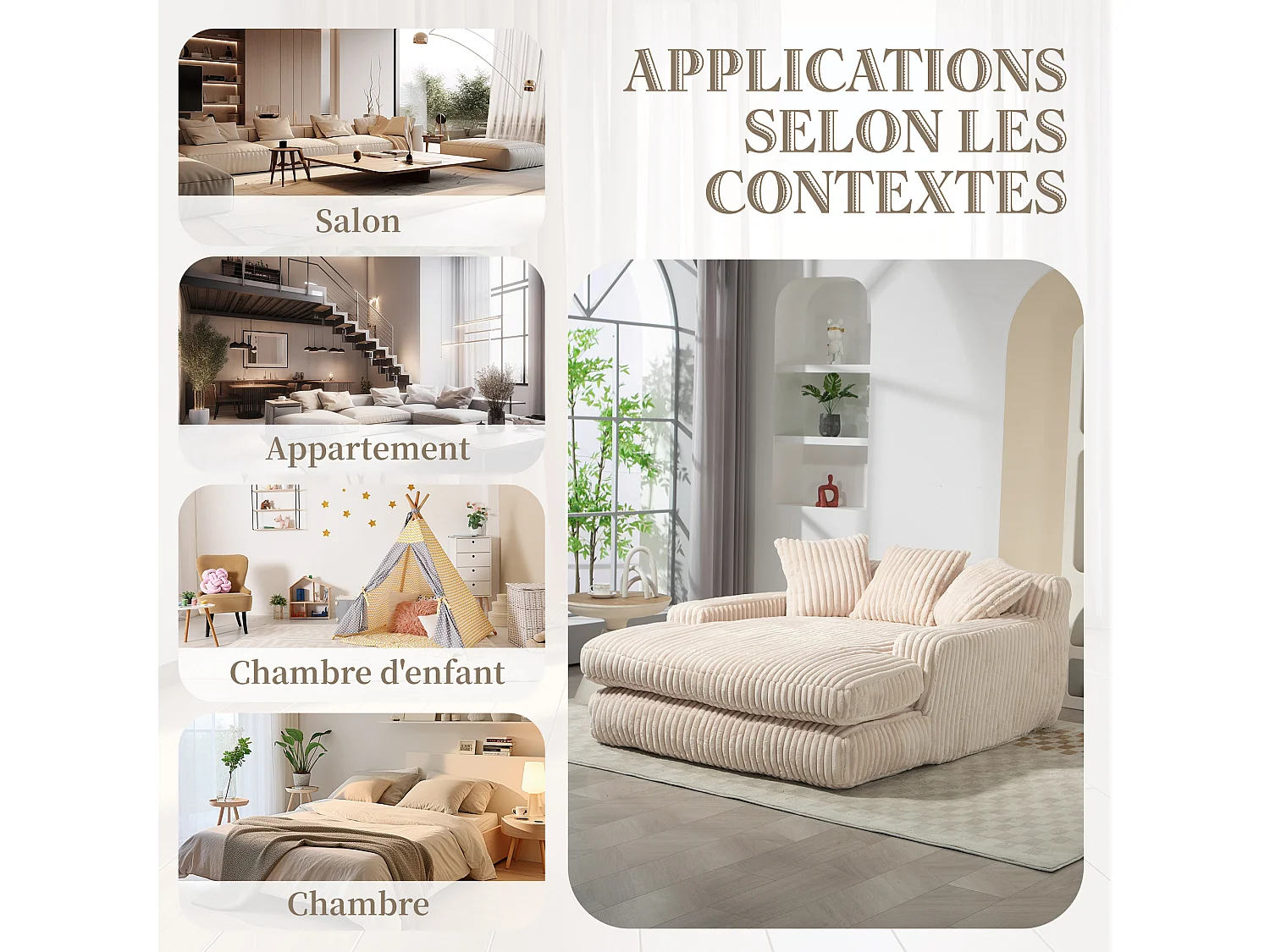 Canapé 2 places en velours côtelé beige – double couche & assise ultra basse – avec 3 coussins – idéal pour salon - 125x155x63cm