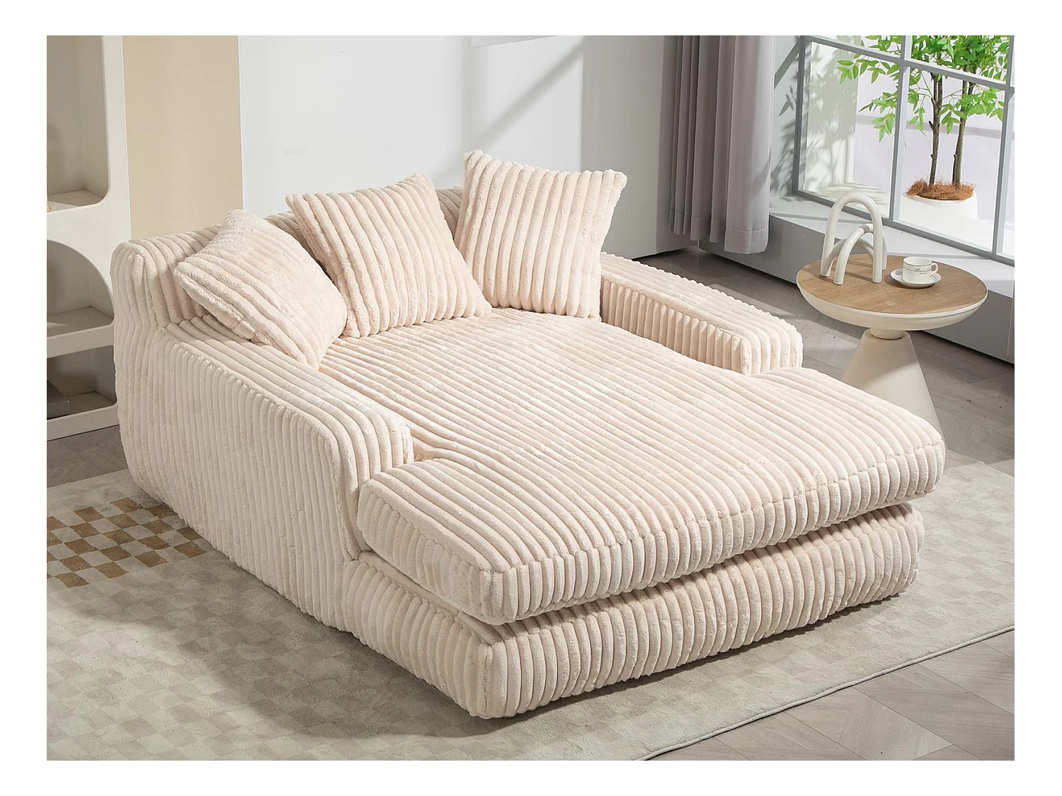 Canapé 2 places en velours côtelé beige – double couche & assise ultra basse – avec 3 coussins – idéal pour salon - 125x155x63cm