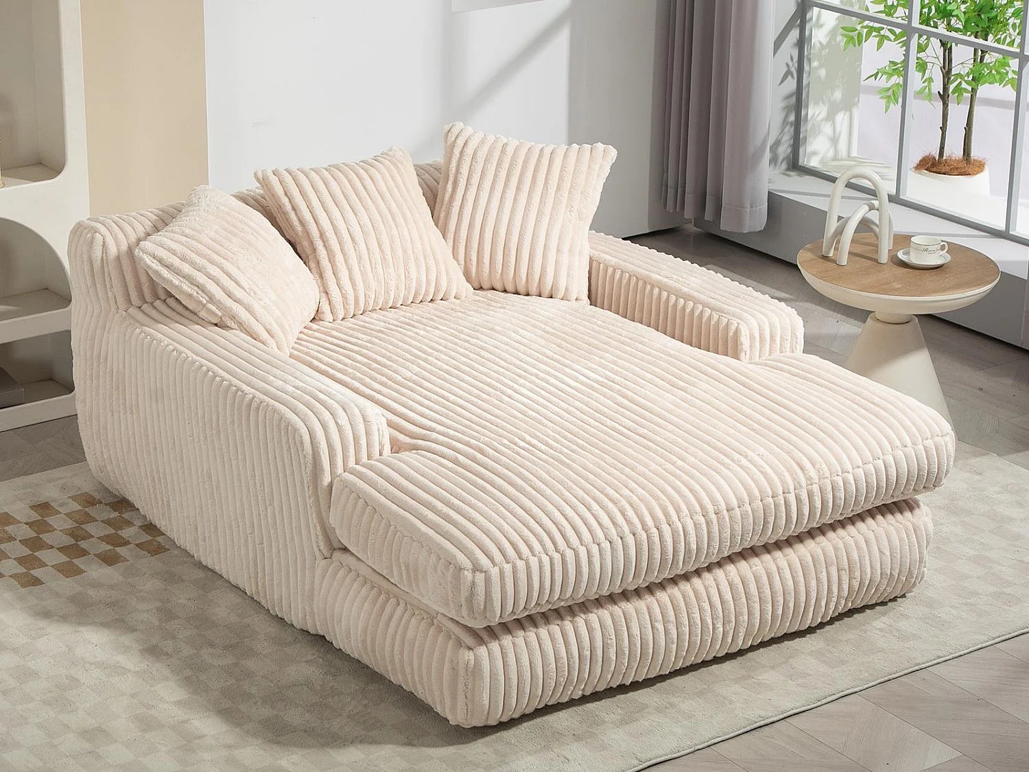 Sofá bajo de tejido de cordón con cojines - Medidas 125 × 155 × 63 cm - Sofá cama con espuma viscoelástica - Chaise longue sillón, color beige