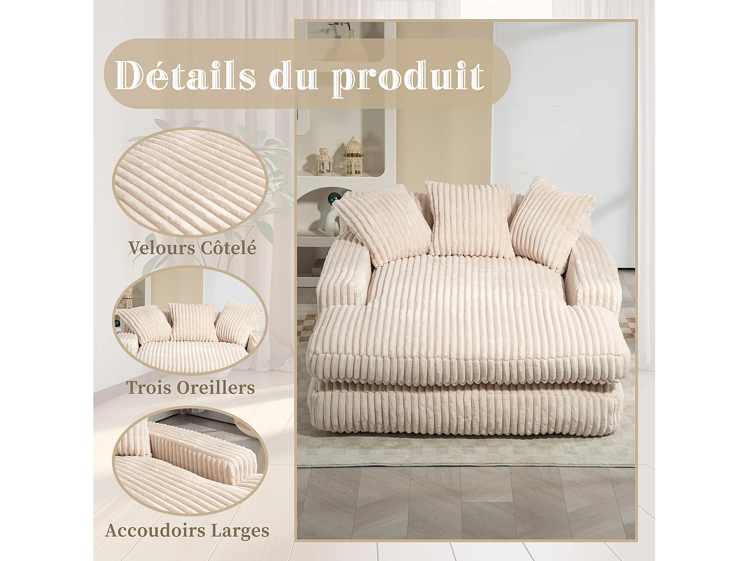 Sofá bajo de tejido de cordón con cojines - Medidas 125 × 155 × 63 cm - Sofá cama con espuma viscoelástica - Chaise longue sillón, color beige