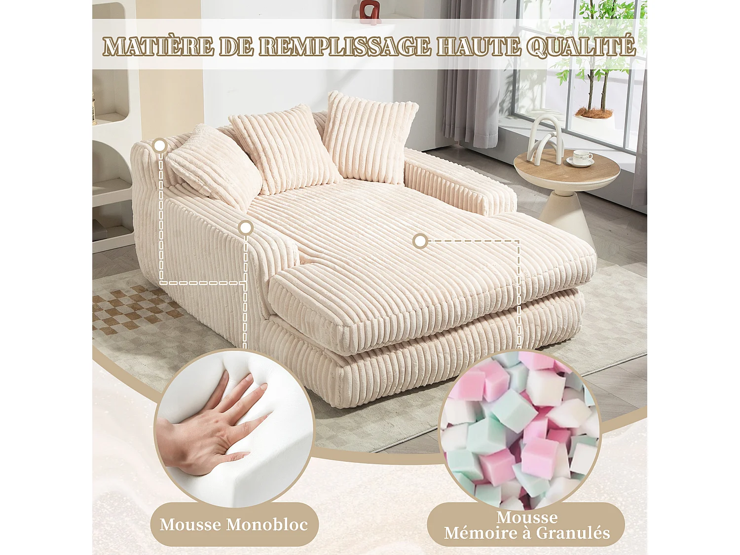 Sofá bajo de tejido de cordón con cojines - Medidas 125 × 155 × 63 cm - Sofá cama con espuma viscoelástica - Chaise longue sillón, color beige
