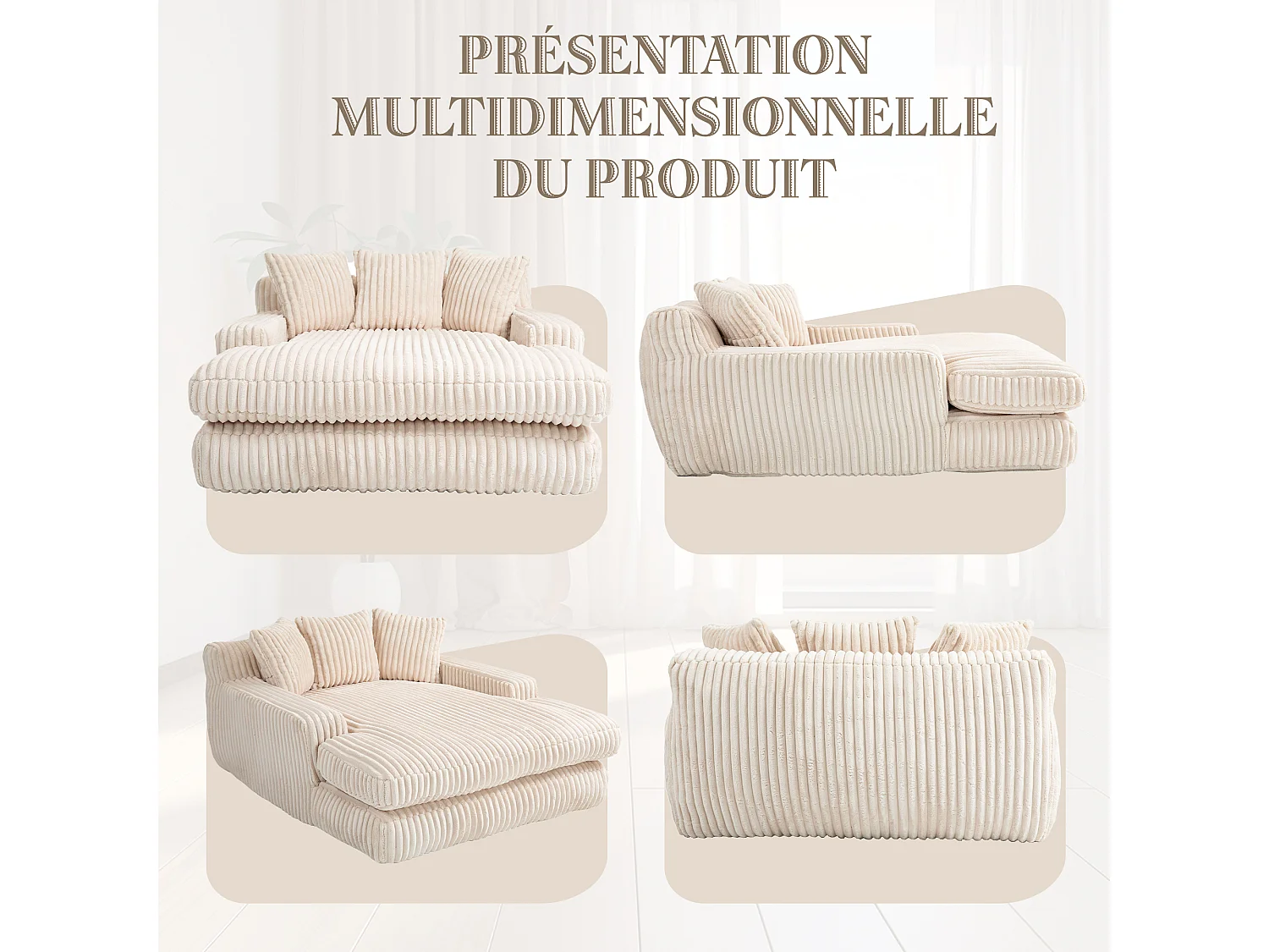 Sofá bajo de tejido de cordón con cojines - Medidas 125 × 155 × 63 cm - Sofá cama con espuma viscoelástica - Chaise longue sillón, color beige