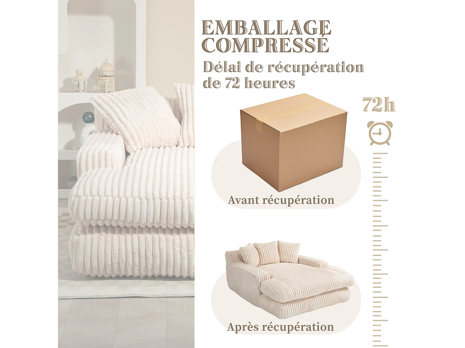 Sofá bajo de tejido de cordón con cojines - Medidas 125 × 155 × 63 cm - Sofá cama con espuma viscoelástica - Chaise longue sillón, color beige