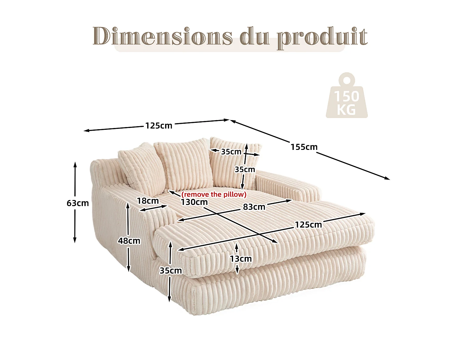 Sofá bajo de tejido de cordón con cojines - Medidas 125 × 155 × 63 cm - Sofá cama con espuma viscoelástica - Chaise longue sillón, color beige