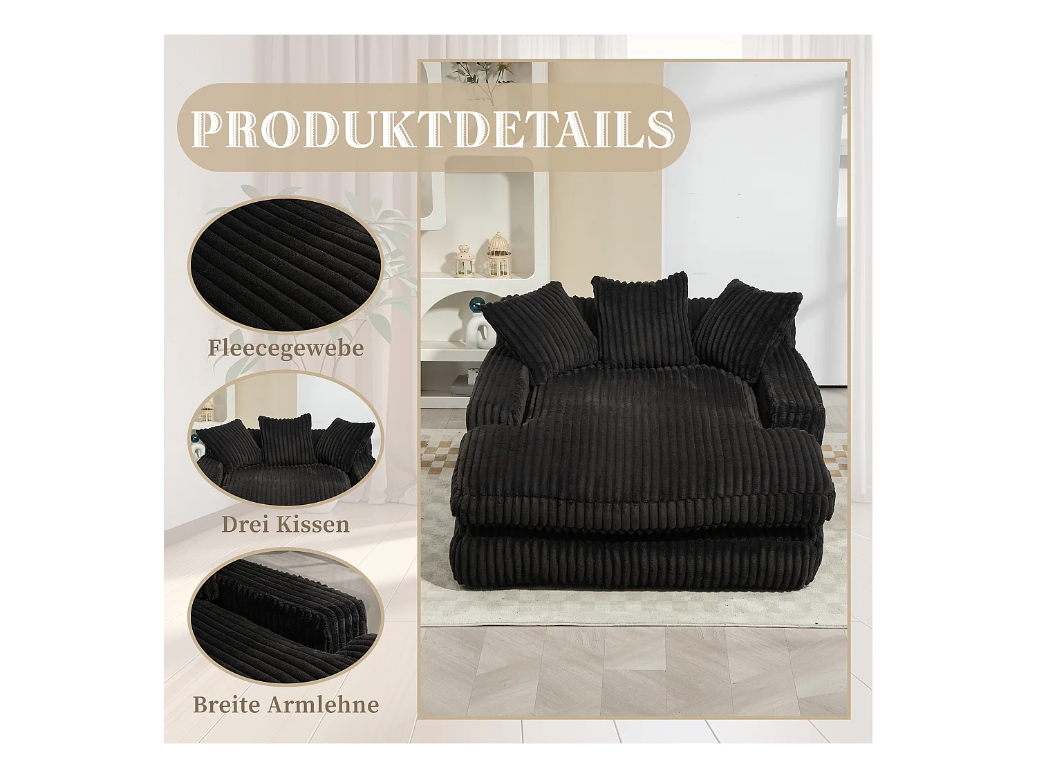 Canapé 2 places en velours côtelé Noir – double couche & assise ultra basse – avec 3 coussins – idéal pour salon - 125x155x63cm