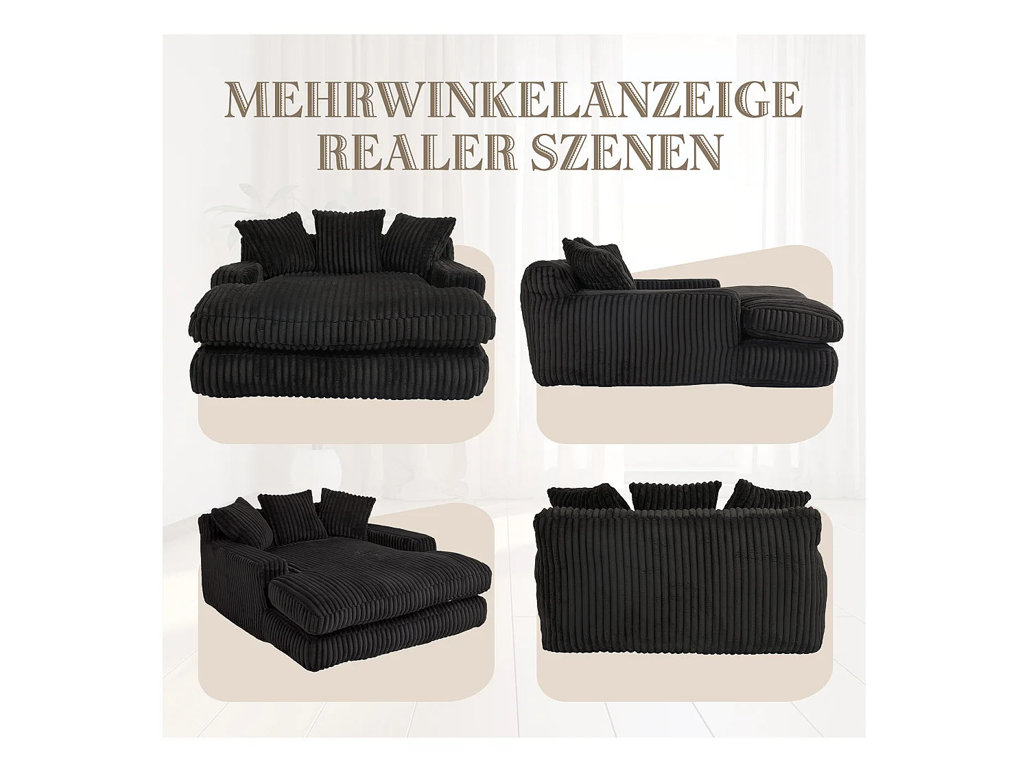 Canapé 2 places en velours côtelé Noir – double couche & assise ultra basse – avec 3 coussins – idéal pour salon - 125x155x63cm