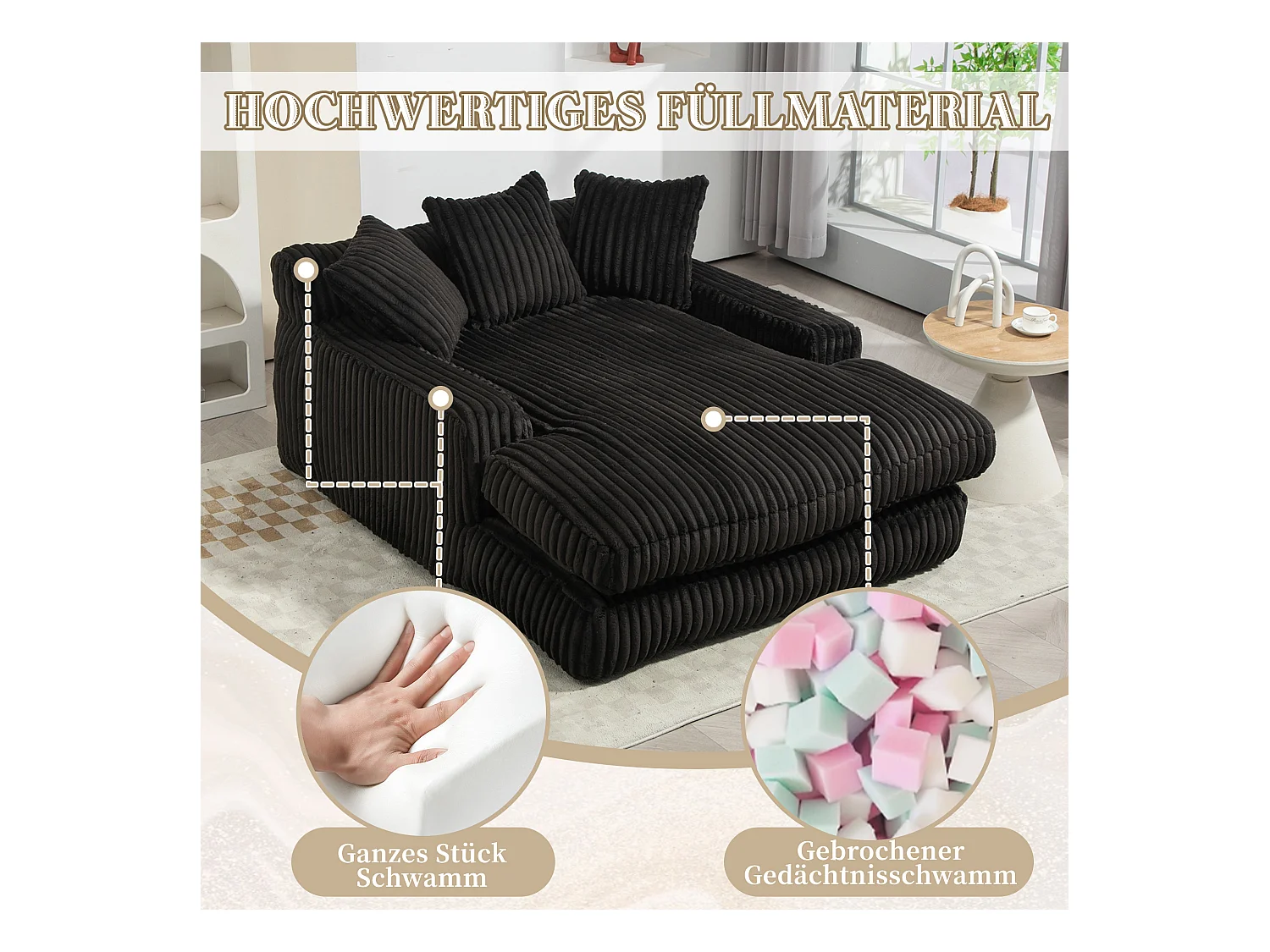 Canapé 2 places en velours côtelé Noir – double couche & assise ultra basse – avec 3 coussins – idéal pour salon - 125x155x63cm