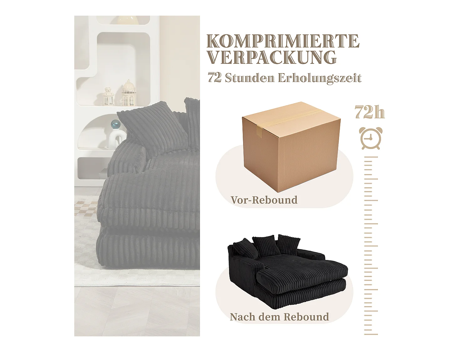 Canapé 2 places en velours côtelé Noir – double couche & assise ultra basse – avec 3 coussins – idéal pour salon - 125x155x63cm