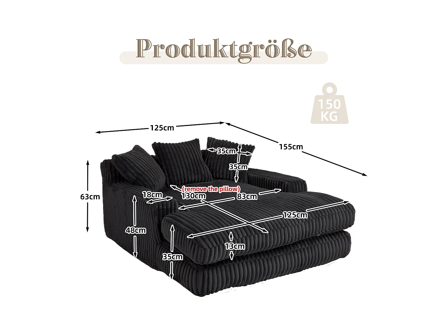 Canapé 2 places en velours côtelé Noir – double couche & assise ultra basse – avec 3 coussins – idéal pour salon - 125x155x63cm