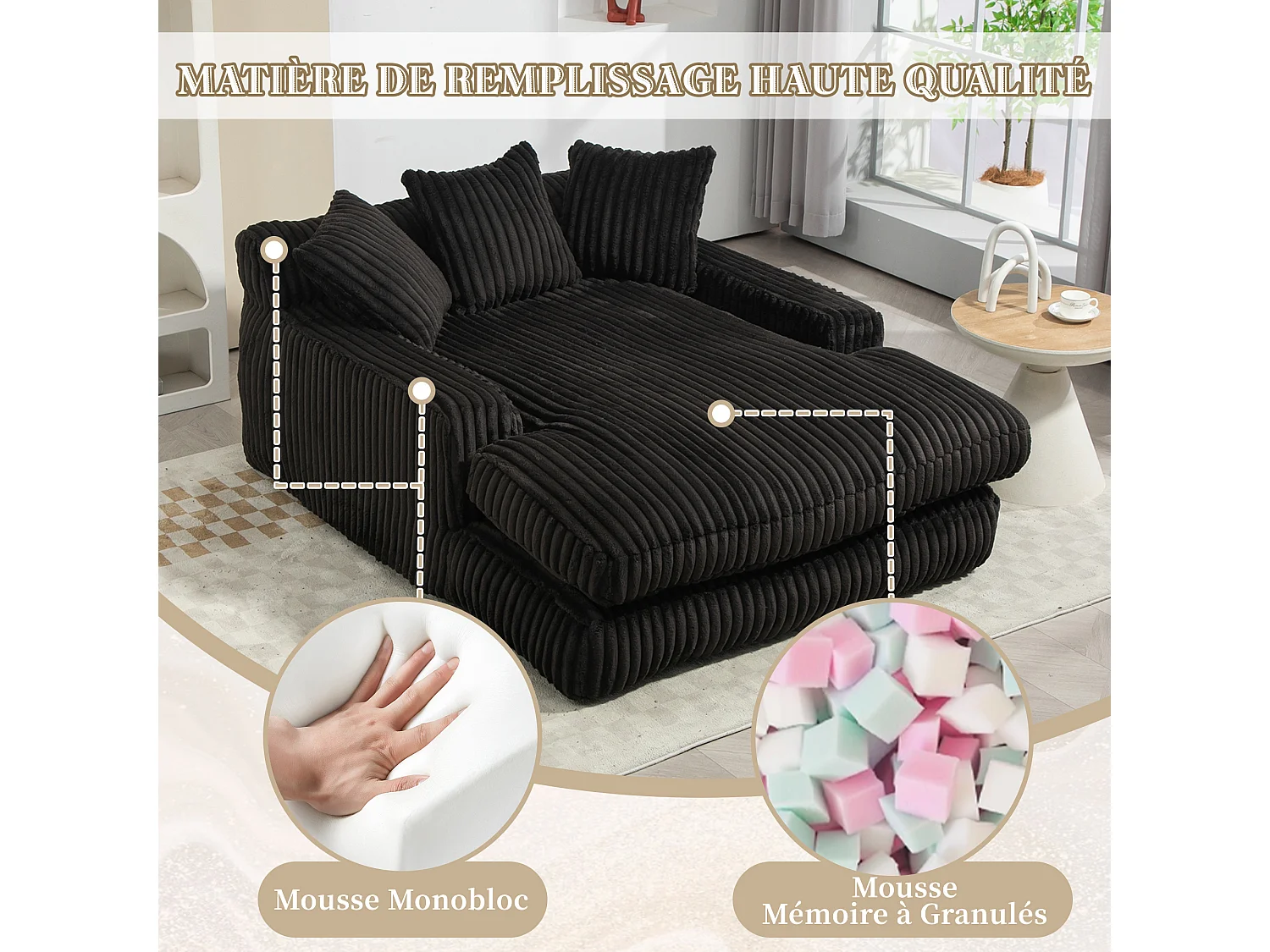 Canapé 2 places en velours côtelé Noir – double couche & assise ultra basse – avec 3 coussins – idéal pour salon - 125x155x63cm