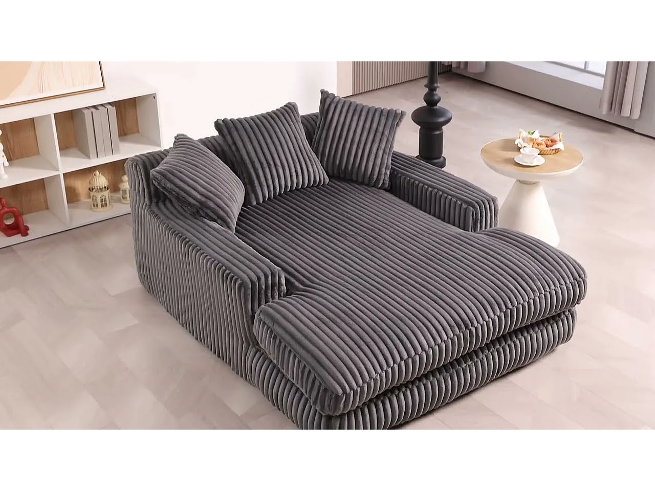 Canapé 2 places en velours côtelé Noir – double couche & assise ultra basse – avec 3 coussins – idéal pour salon - 125x155x63cm