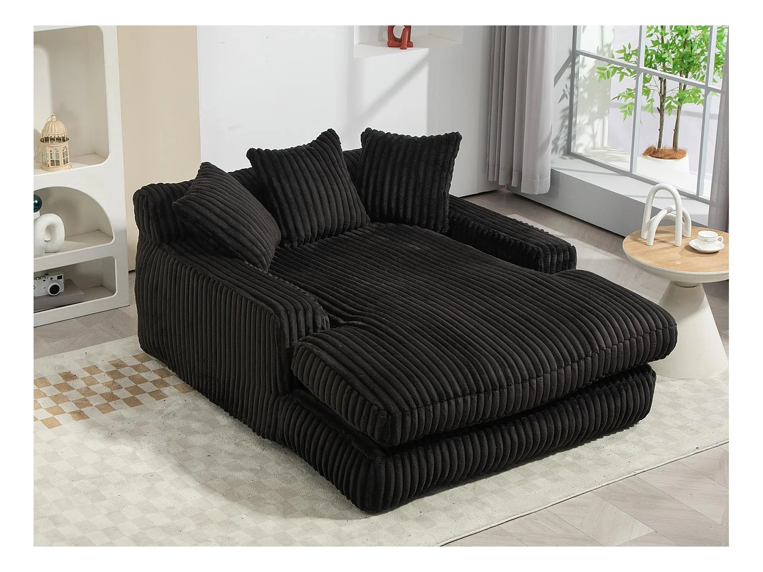 Canapé 2 places en velours côtelé Noir – double couche & assise ultra basse – avec 3 coussins – idéal pour salon - 125x155x63cm