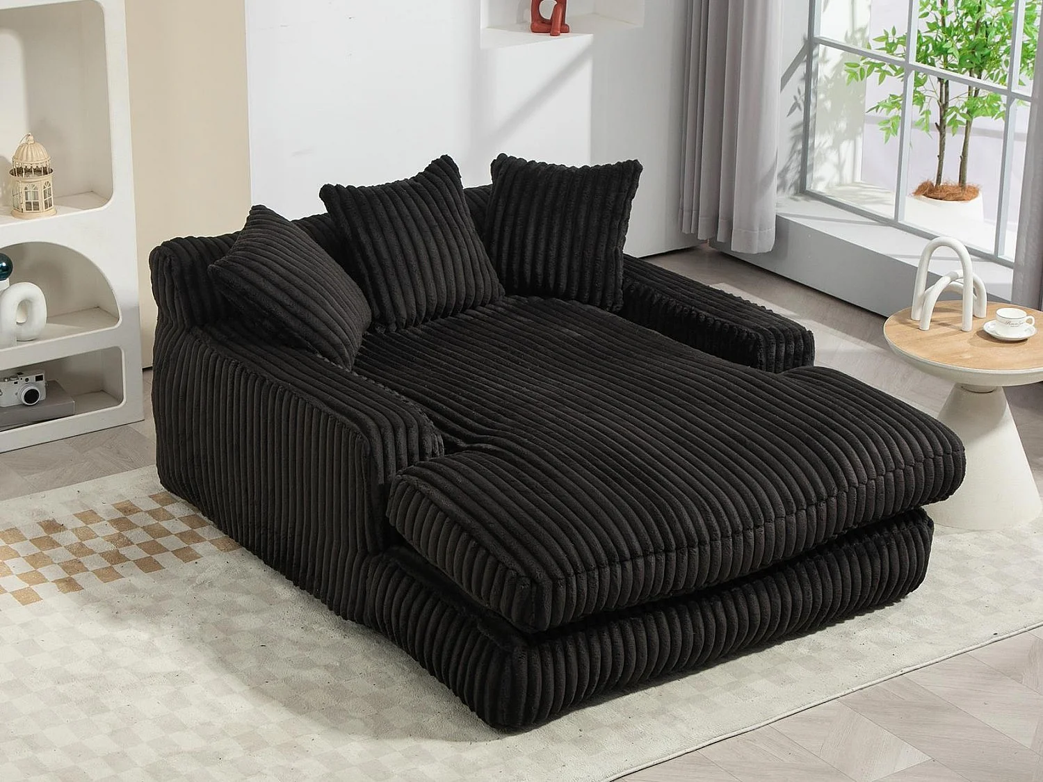 Sofá bajo de tejido acanalado con cojines - Medidas 125 × 155 × 63 cm - Sofá cama con espuma viscoelástica - Sillón chaise longue, color negro