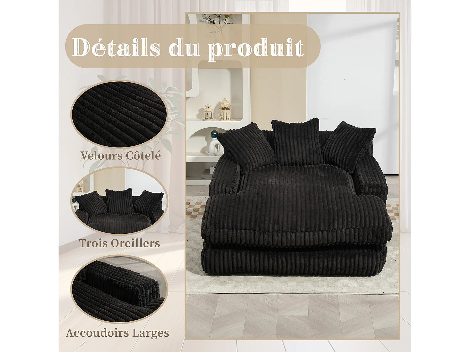 Sofá bajo de tejido acanalado con cojines - Medidas 125 × 155 × 63 cm - Sofá cama con espuma viscoelástica - Sillón chaise longue, color negro