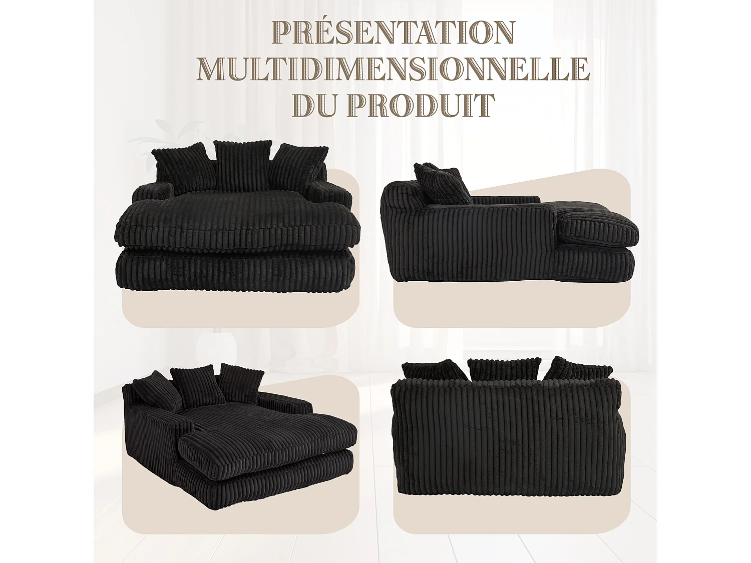 Sofá bajo de tejido acanalado con cojines - Medidas 125 × 155 × 63 cm - Sofá cama con espuma viscoelástica - Sillón chaise longue, color negro