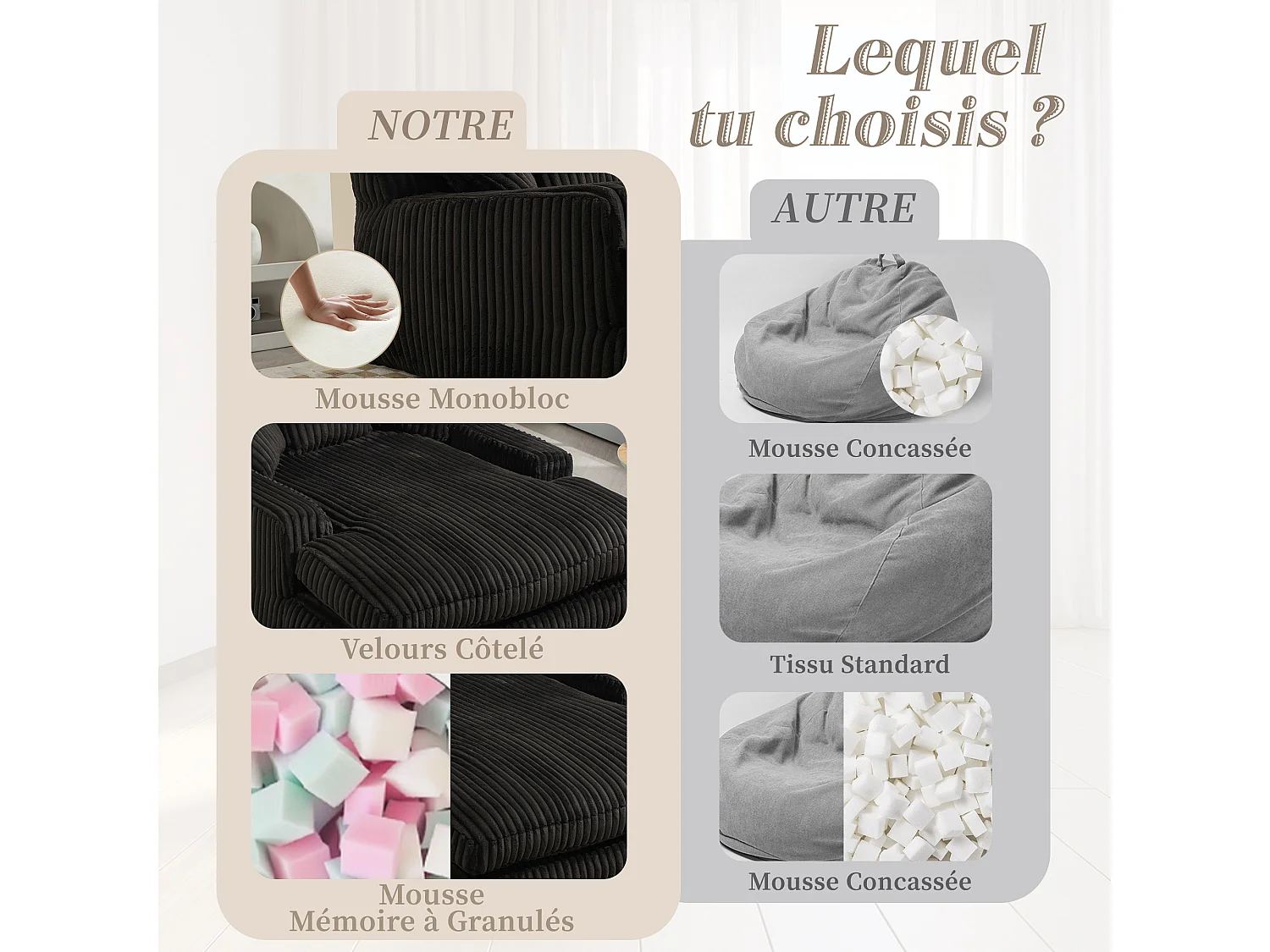 Sofá bajo de tejido acanalado con cojines - Medidas 125 × 155 × 63 cm - Sofá cama con espuma viscoelástica - Sillón chaise longue, color negro