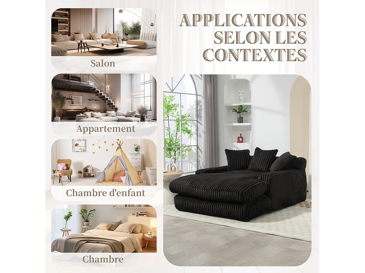 Sofá bajo de tejido acanalado con cojines - Medidas 125 × 155 × 63 cm - Sofá cama con espuma viscoelástica - Sillón chaise longue, color negro