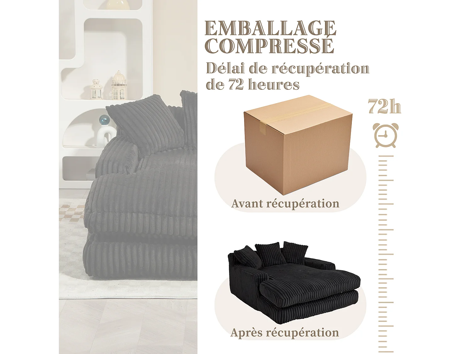 Sofá bajo de tejido acanalado con cojines - Medidas 125 × 155 × 63 cm - Sofá cama con espuma viscoelástica - Sillón chaise longue, color negro