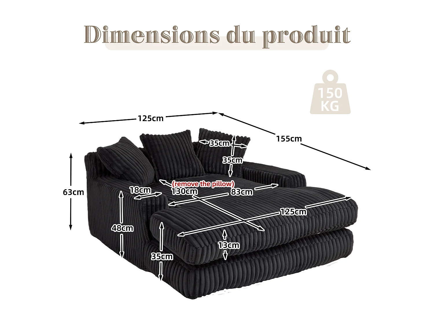 Sofá bajo de tejido acanalado con cojines - Medidas 125 × 155 × 63 cm - Sofá cama con espuma viscoelástica - Sillón chaise longue, color negro