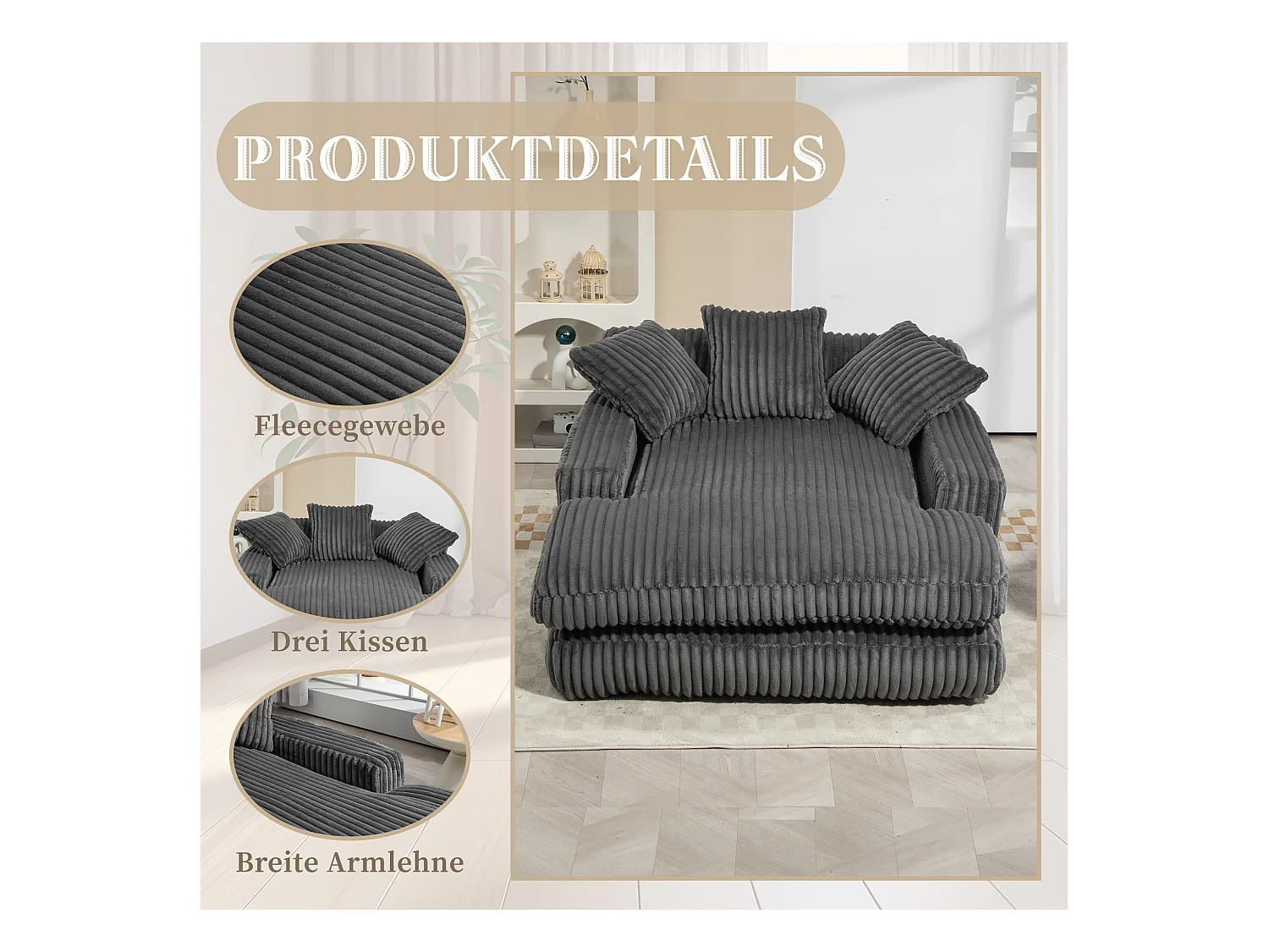 Canapé 2 places en velours côtelé Gris – double couche & assise ultra basse – avec 3 coussins – idéal pour salon - 125x155x63cm