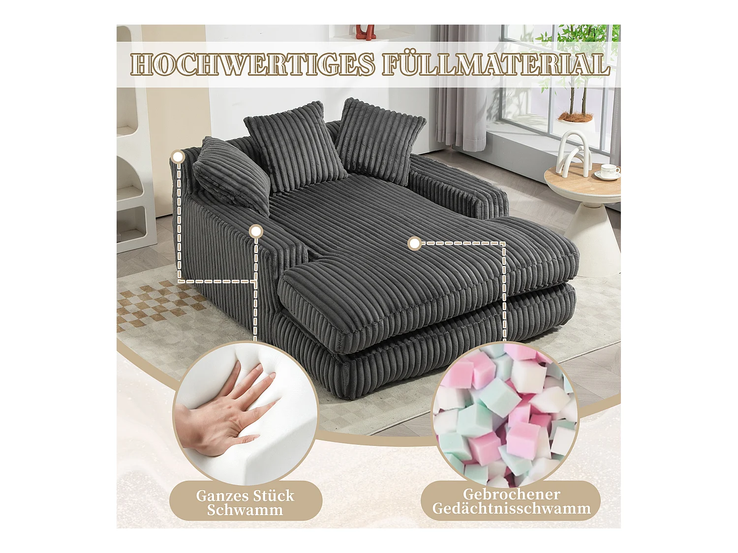 Canapé 2 places en velours côtelé Gris – double couche & assise ultra basse – avec 3 coussins – idéal pour salon - 125x155x63cm