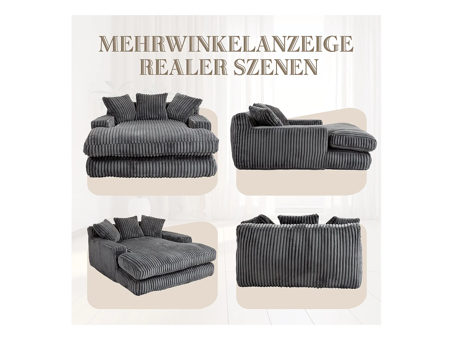 Canapé 2 places en velours côtelé Gris – double couche & assise ultra basse – avec 3 coussins – idéal pour salon - 125x155x63cm