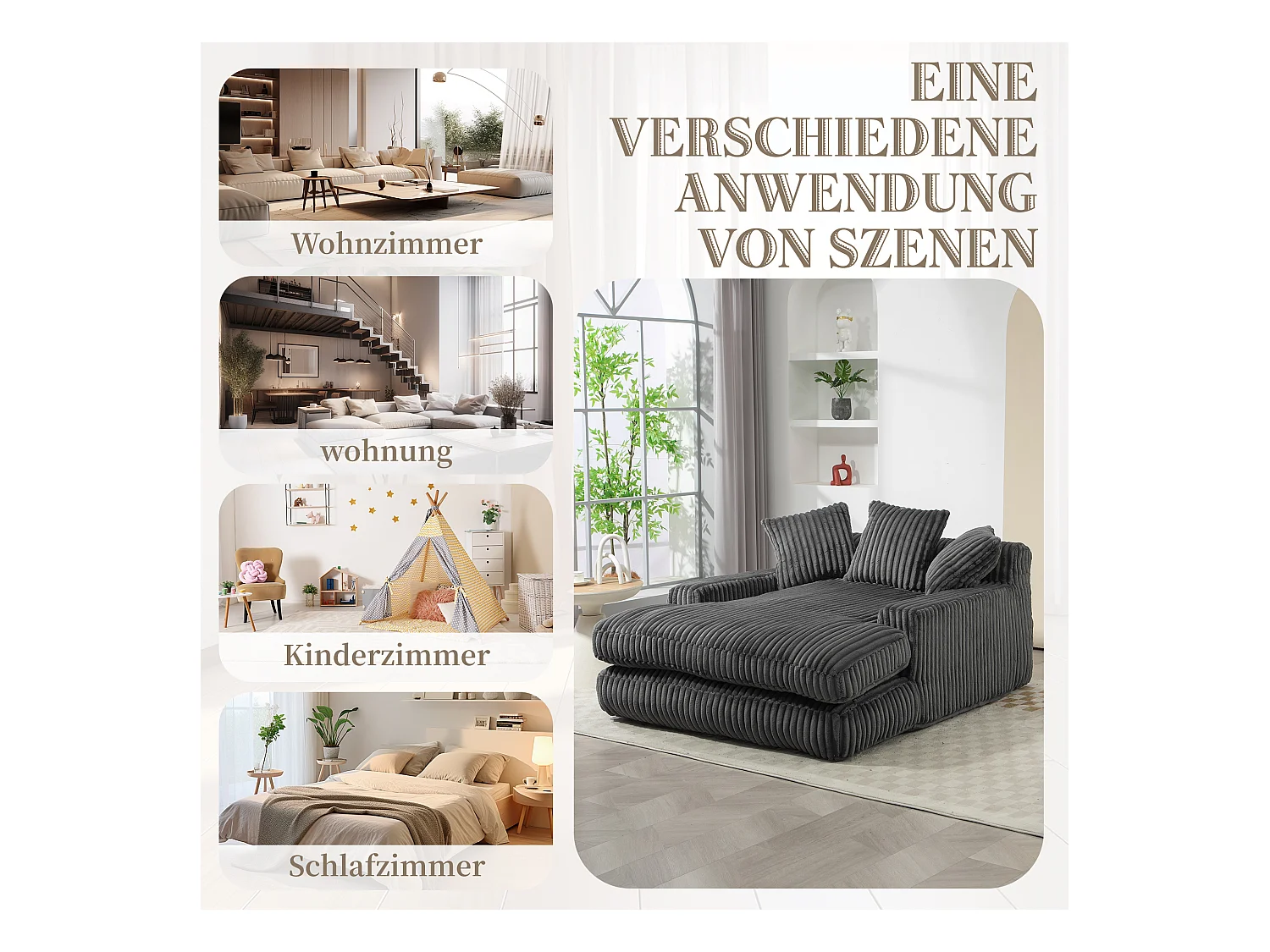 Canapé 2 places en velours côtelé Gris – double couche & assise ultra basse – avec 3 coussins – idéal pour salon - 125x155x63cm