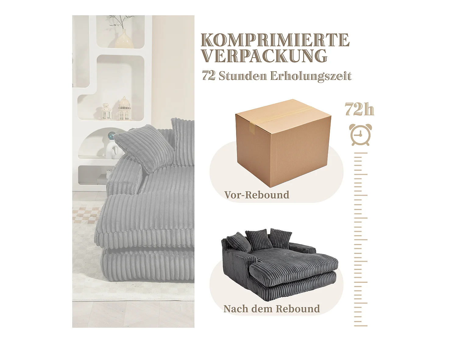 Canapé 2 places en velours côtelé Gris – double couche & assise ultra basse – avec 3 coussins – idéal pour salon - 125x155x63cm