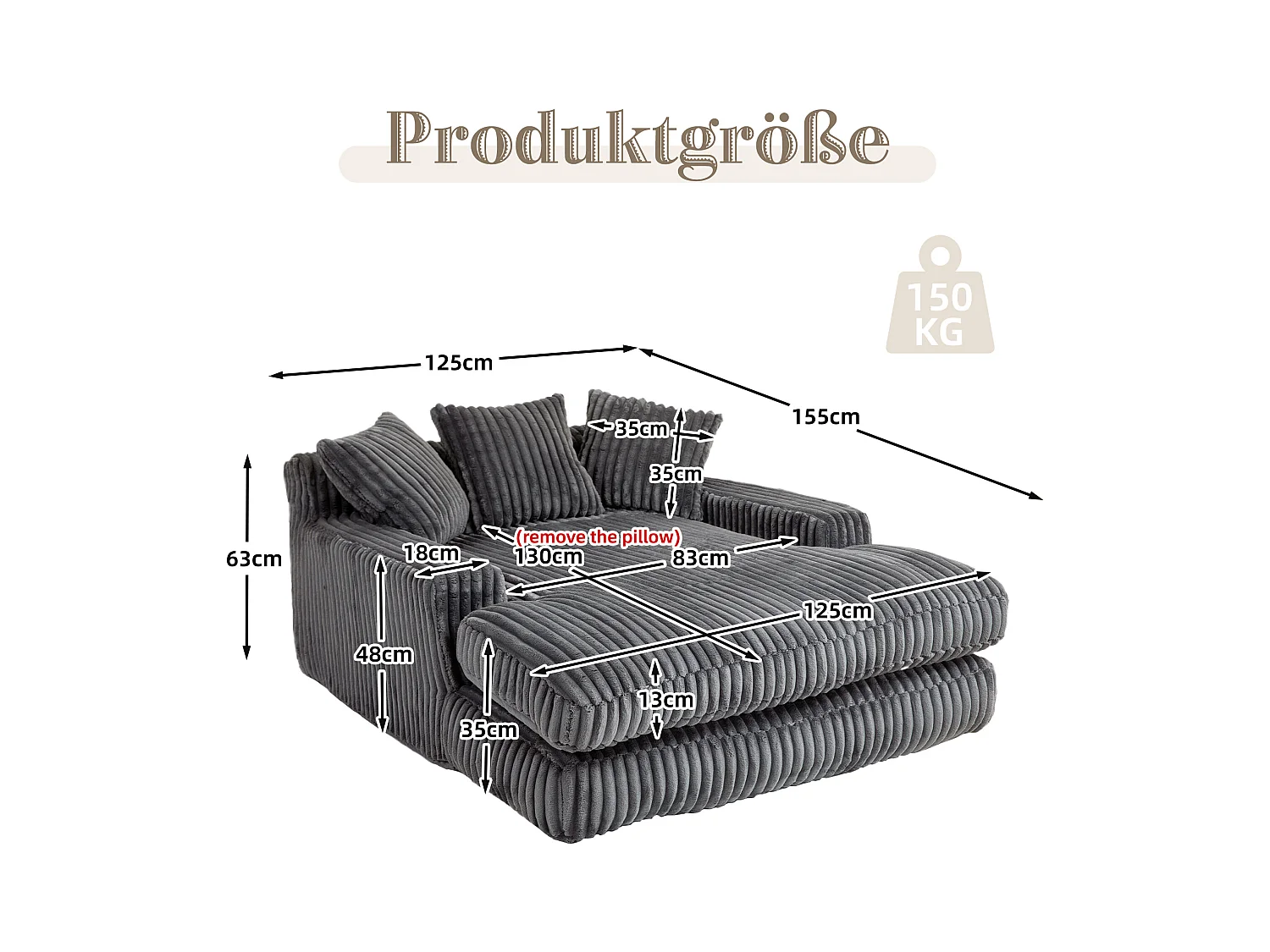 Canapé 2 places en velours côtelé Gris – double couche & assise ultra basse – avec 3 coussins – idéal pour salon - 125x155x63cm