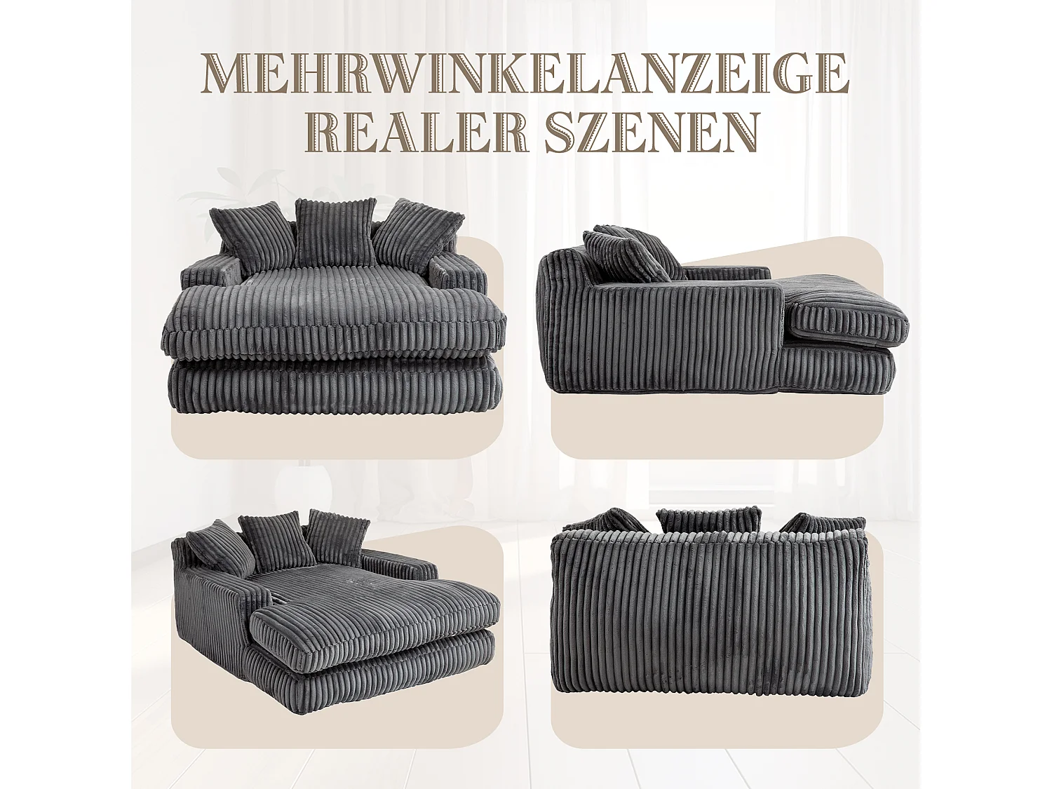 Canapé 2 places en velours côtelé Gris – double couche & assise ultra basse – avec 3 coussins – idéal pour salon - 125x155x63cm