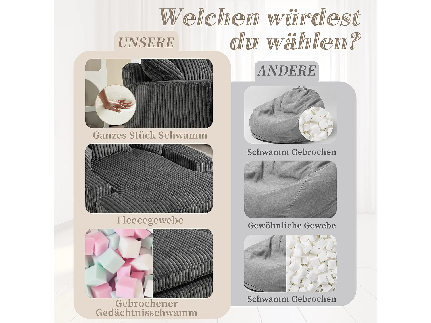 Canapé 2 places en velours côtelé Gris – double couche & assise ultra basse – avec 3 coussins – idéal pour salon - 125x155x63cm