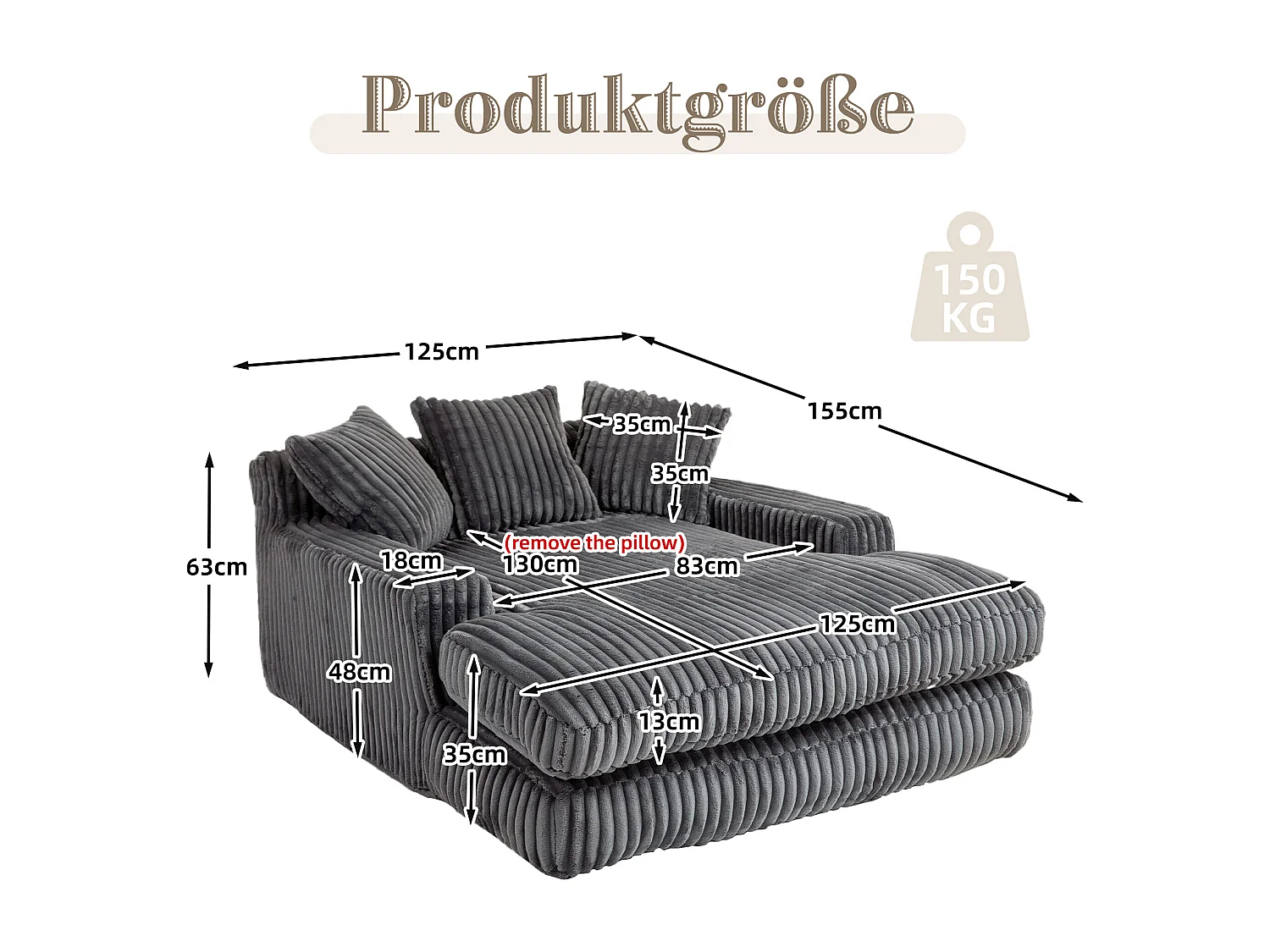 Canapé 2 places en velours côtelé Gris – double couche & assise ultra basse – avec 3 coussins – idéal pour salon - 125x155x63cm