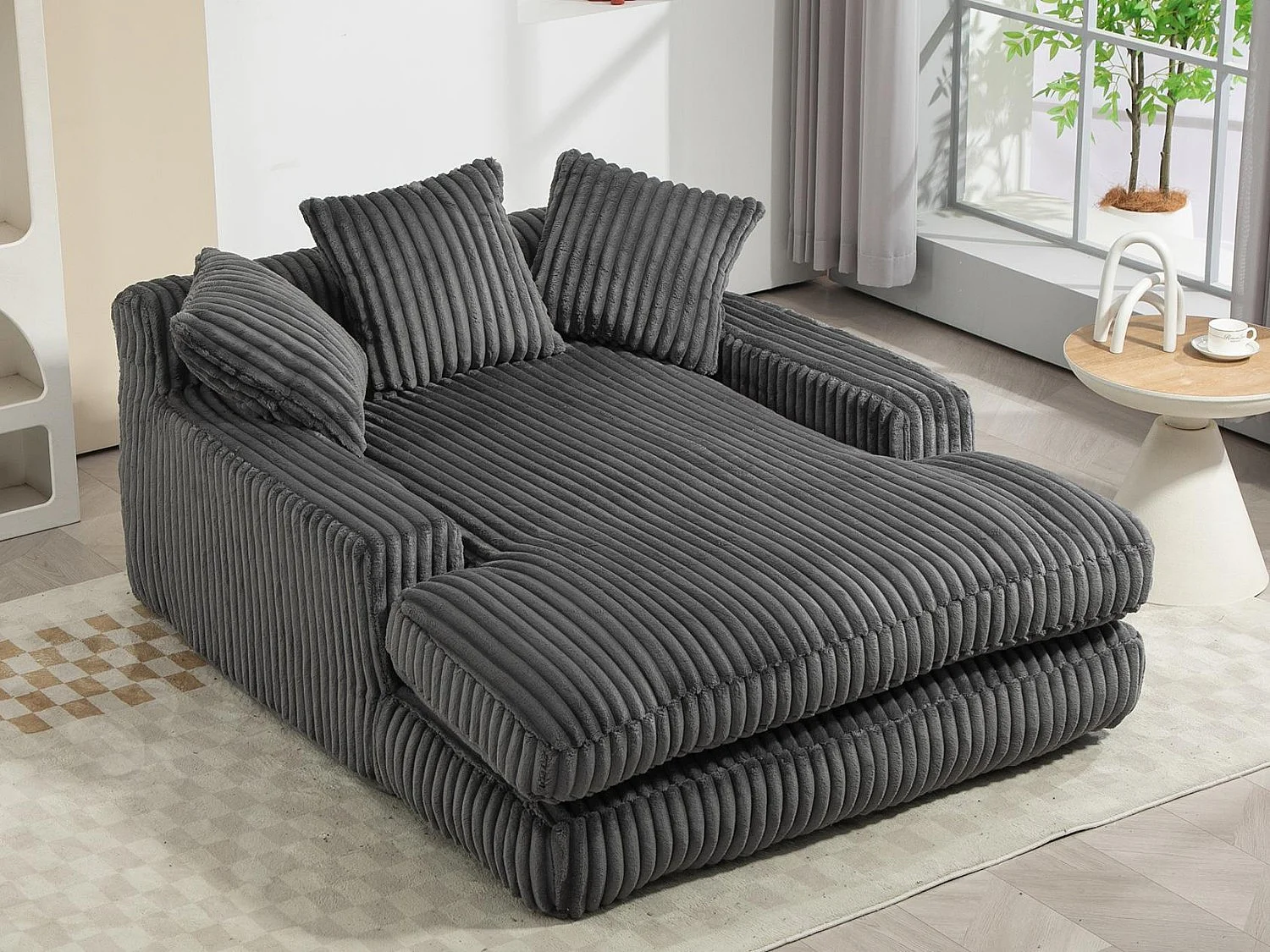 Canapé 2 places en velours côtelé Gris – double couche & assise ultra basse – avec 3 coussins – idéal pour salon - 125x155x63cm