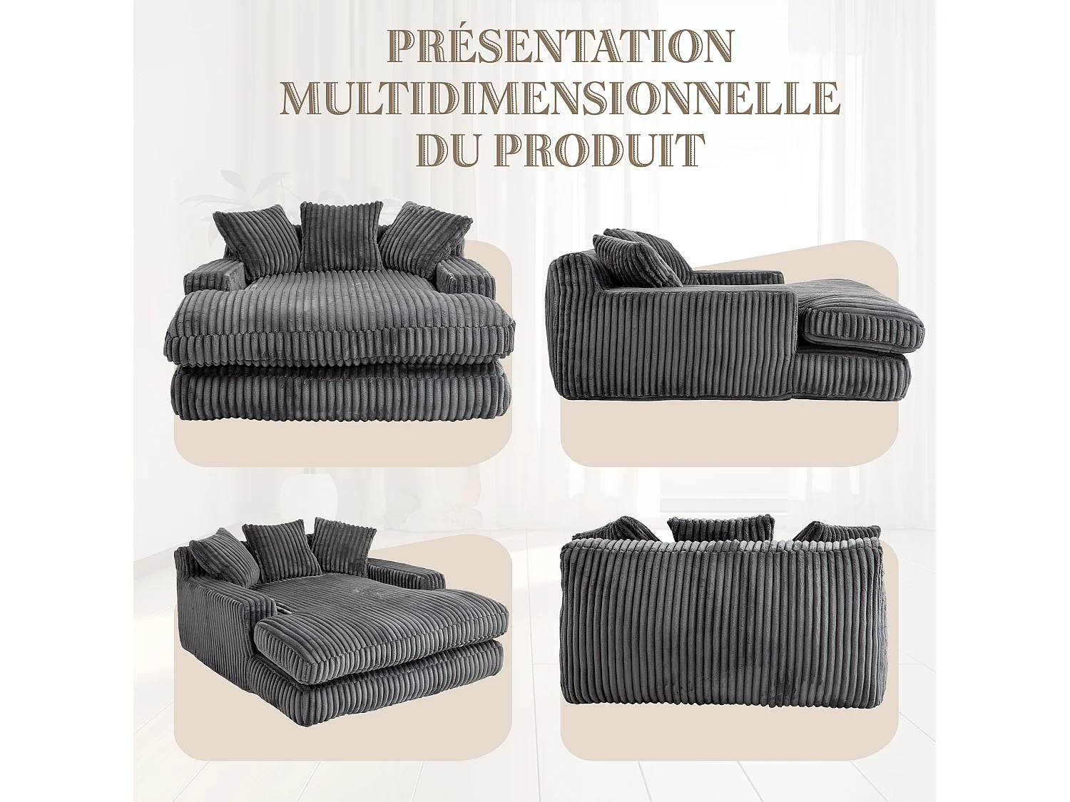 Canapé 2 places en velours côtelé Gris – double couche & assise ultra basse – avec 3 coussins – idéal pour salon - 125x155x63cm