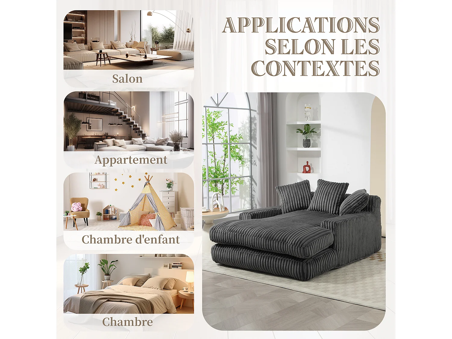 Canapé 2 places en velours côtelé Gris – double couche & assise ultra basse – avec 3 coussins – idéal pour salon - 125x155x63cm