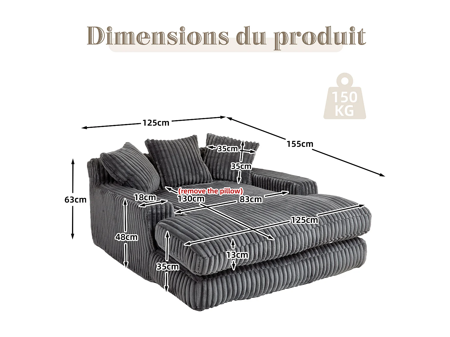 Canapé 2 places en velours côtelé Gris – double couche & assise ultra basse – avec 3 coussins – idéal pour salon - 125x155x63cm