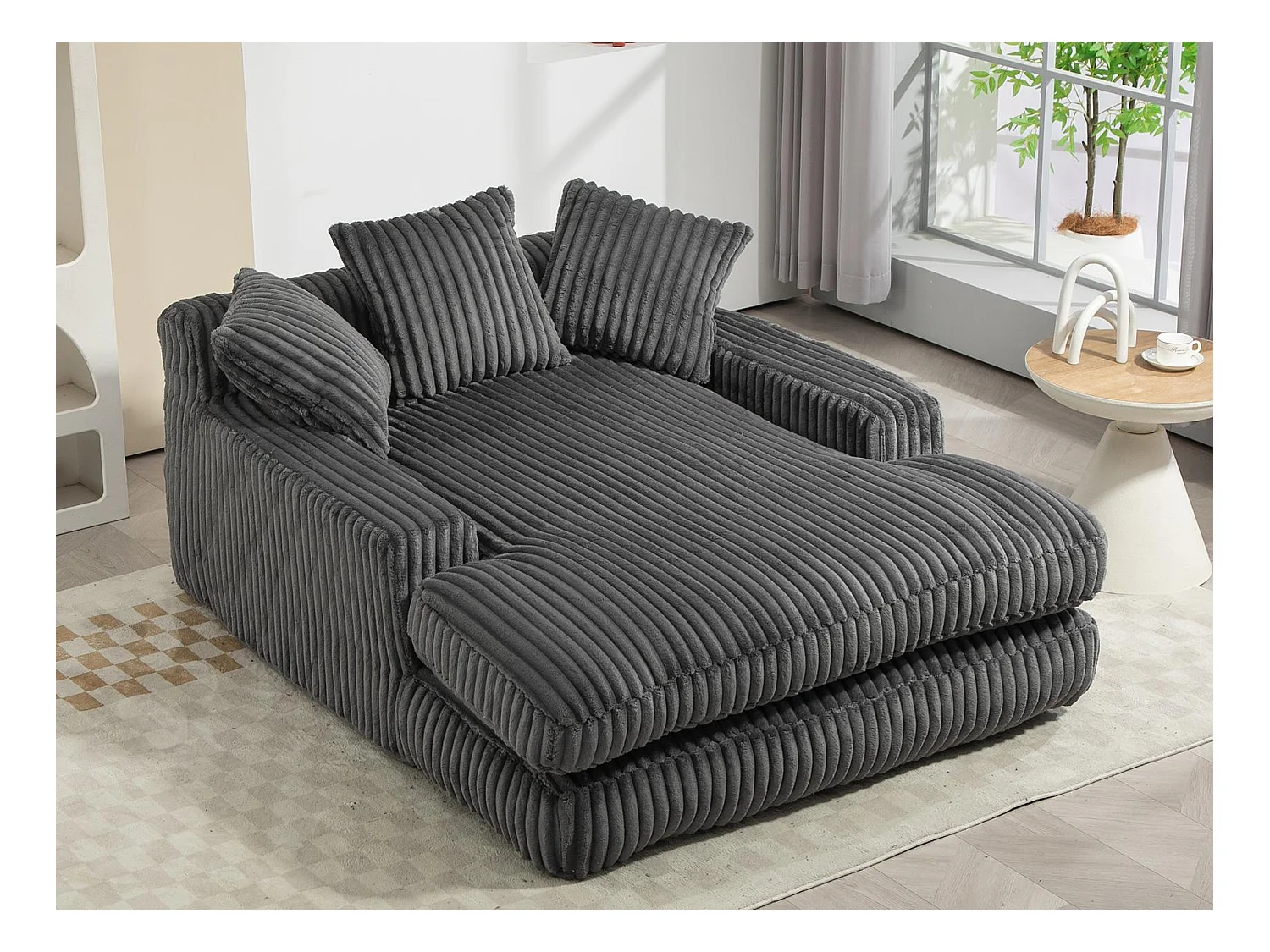 Canapé 2 places en velours côtelé Gris – double couche & assise ultra basse – avec 3 coussins – idéal pour salon - 125x155x63cm