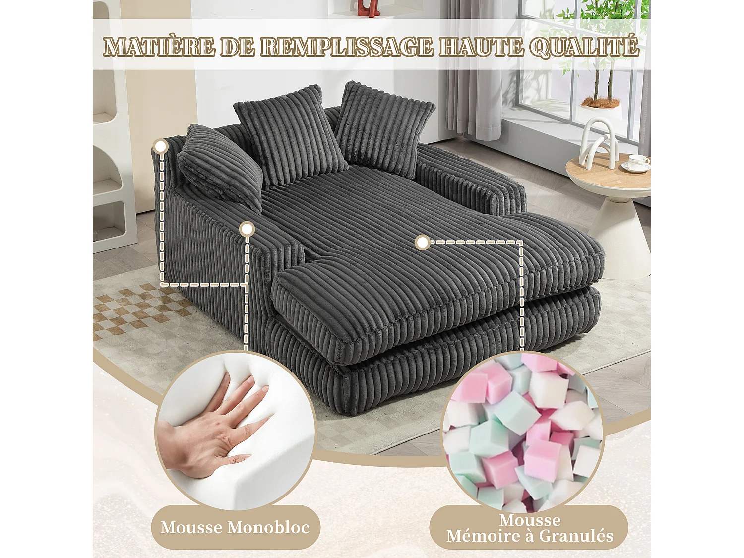 2-zits corduroy bank – dubbellaags & ultra-lage zitting – met 3 kussens – ideaal voor de woonkamer - 125x155x63cm