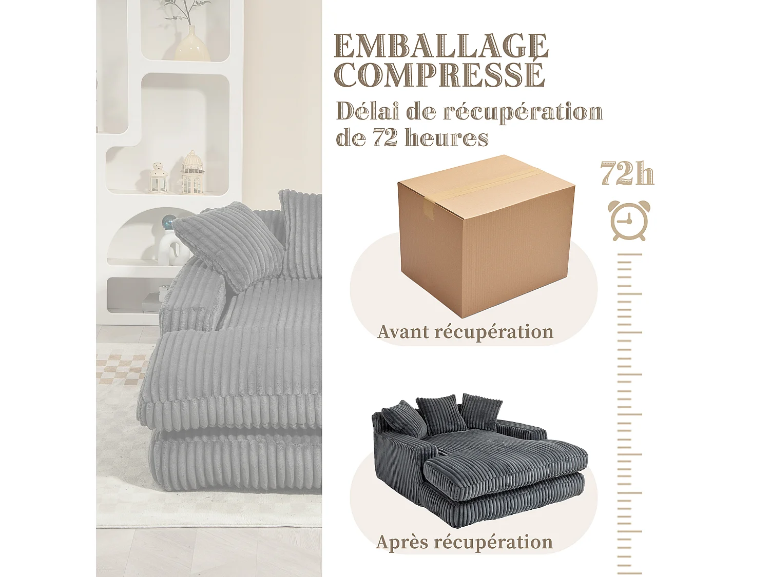 2-zits corduroy bank – dubbellaags & ultra-lage zitting – met 3 kussens – ideaal voor de woonkamer - 125x155x63cm