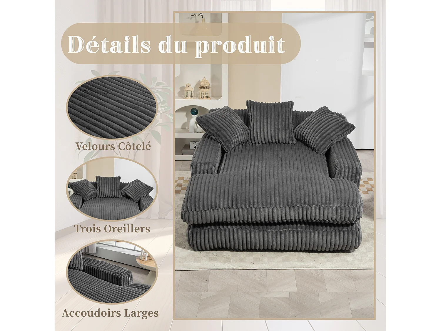 Sofá bajo LVHOM de pana con cojines - Medidas 125 × 155 × 63 cm - Sofá cama con espuma viscoelástica - Sillón chaise longue, color gris oscuro