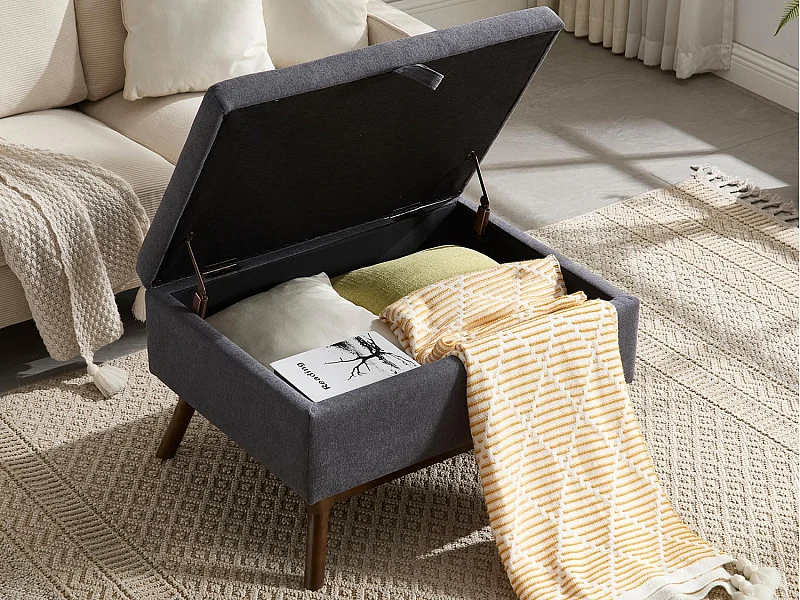 Pouf Coffre Multifonction en Lin et Coton Écru Gris - Design Rétro Chic - Assise, Rangement et Déco pour Maison