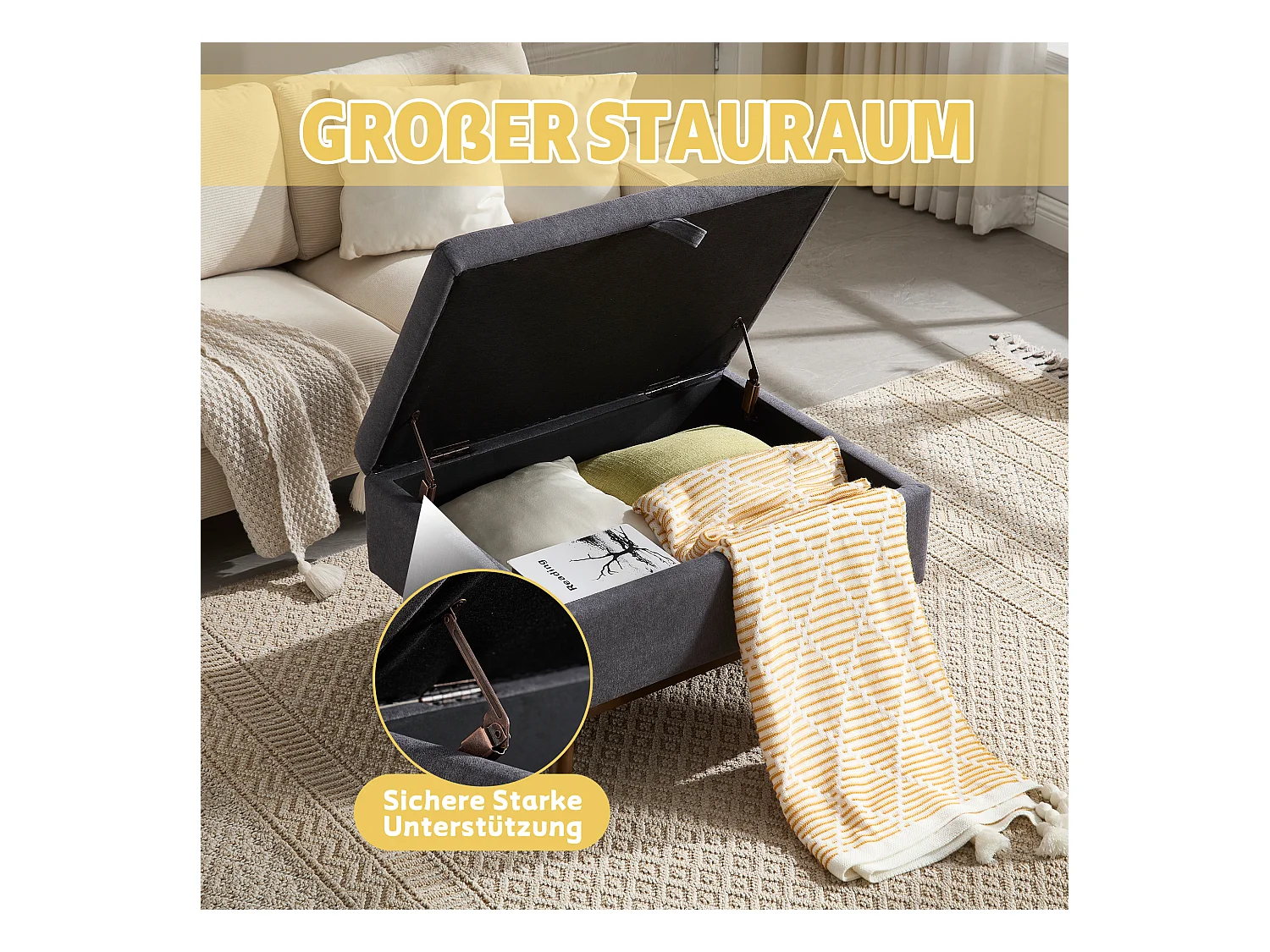 Multifunctionele poef met opbergruimte in linnen en katoen, ecrubeige - retro chic design - zitgelegenheid, opbergruimte en decoratie voor thuis