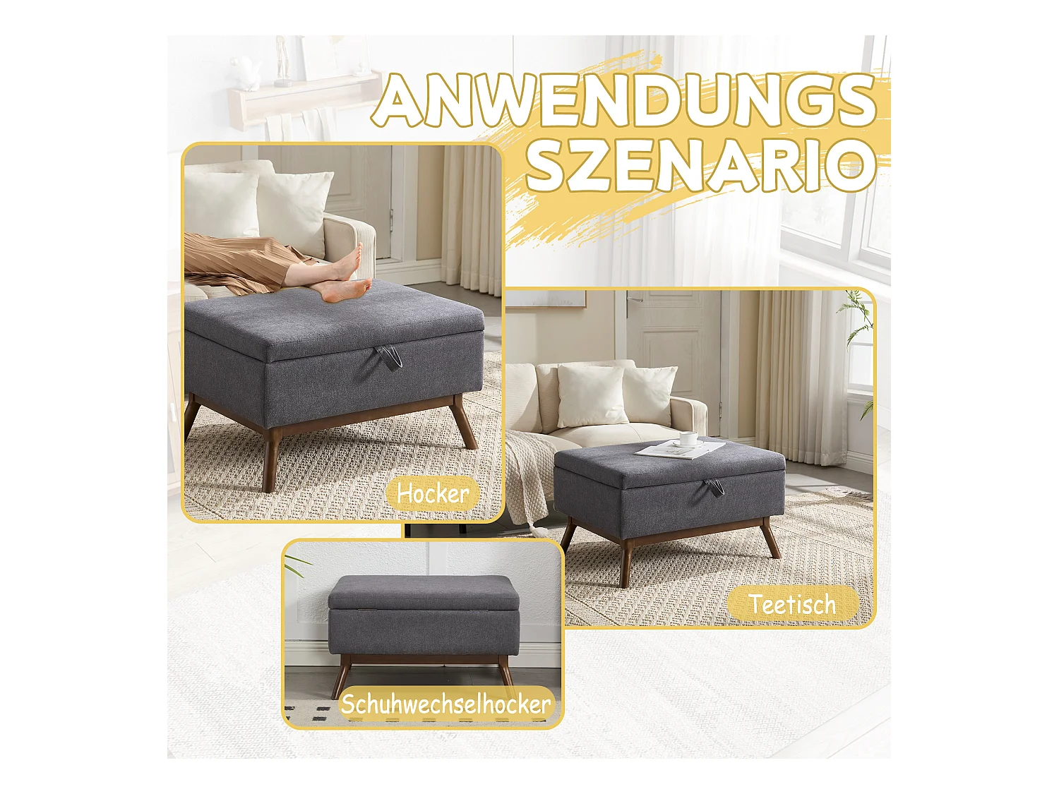 Multifunctionele poef met opbergruimte in linnen en katoen, ecrubeige - retro chic design - zitgelegenheid, opbergruimte en decoratie voor thuis