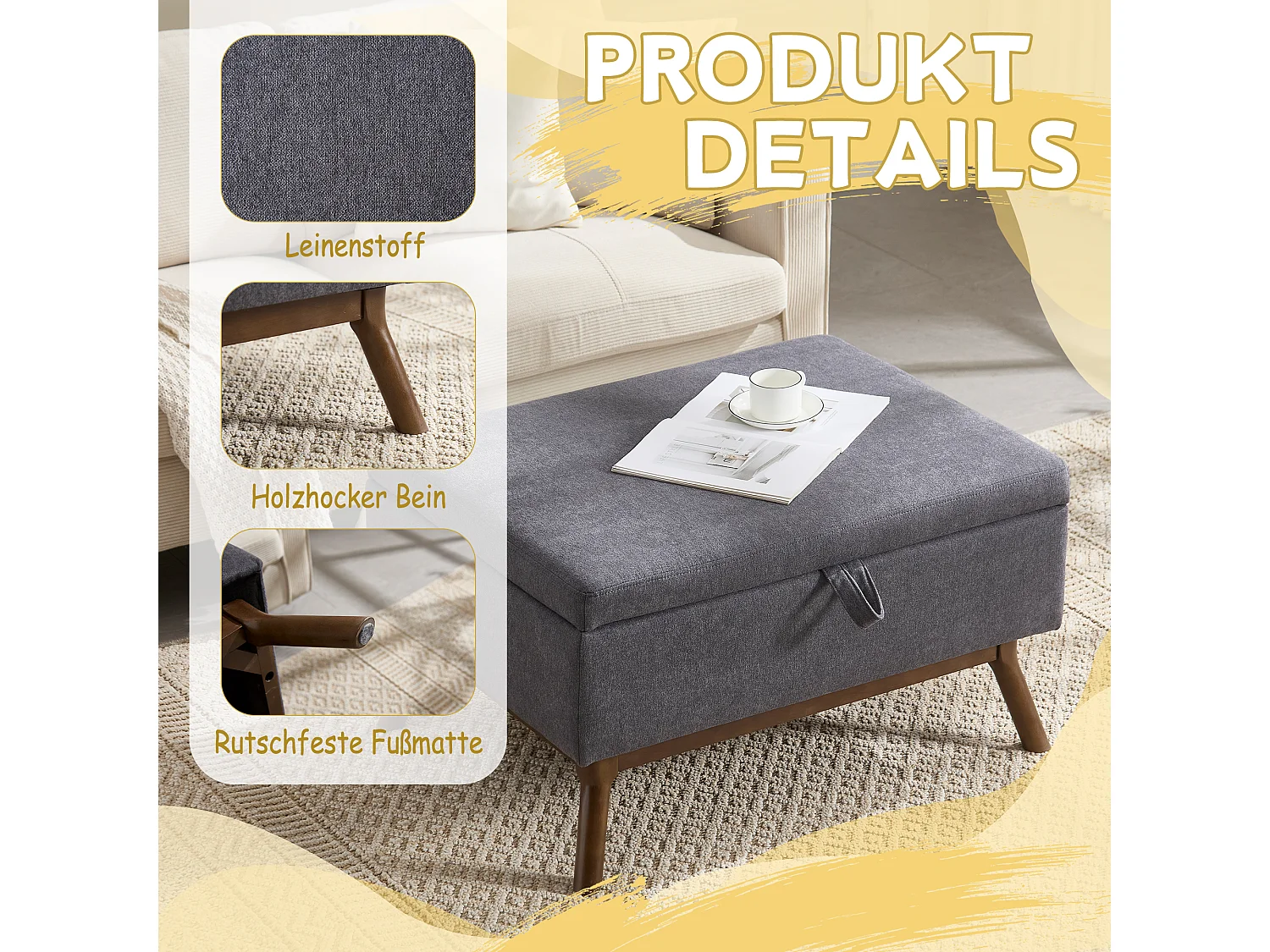 Pouf Coffre Multifonction en Lin et Coton Écru Gris - Design Rétro Chic - Assise, Rangement et Déco pour Maison