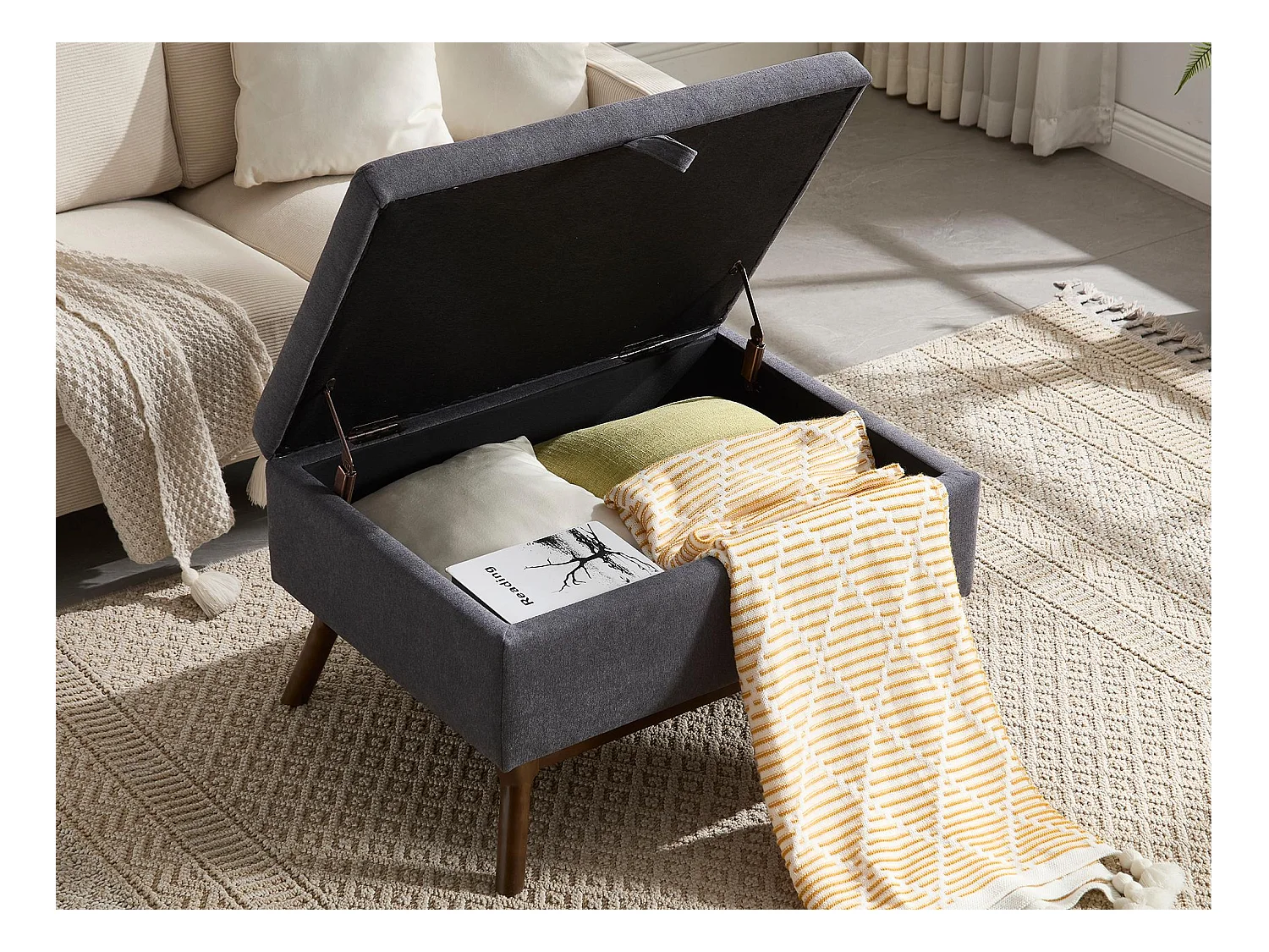 Pouf Coffre Multifonction en Lin et Coton Écru Gris - Design Rétro Chic - Assise, Rangement et Déco pour Maison